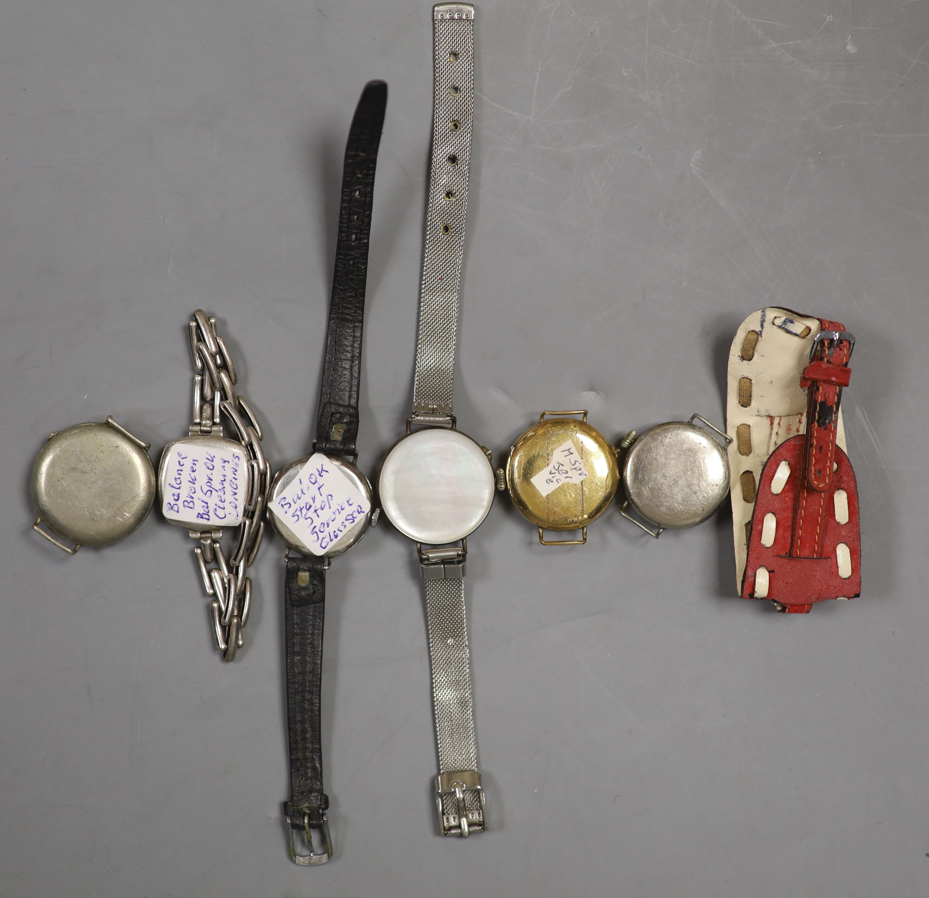 Seven assorted mainly strapless wrist watches, including gold plated and silver cased Longines.